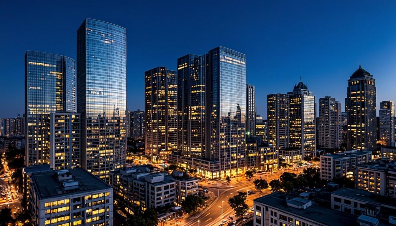 Distrito financiero corporativo al anochecer